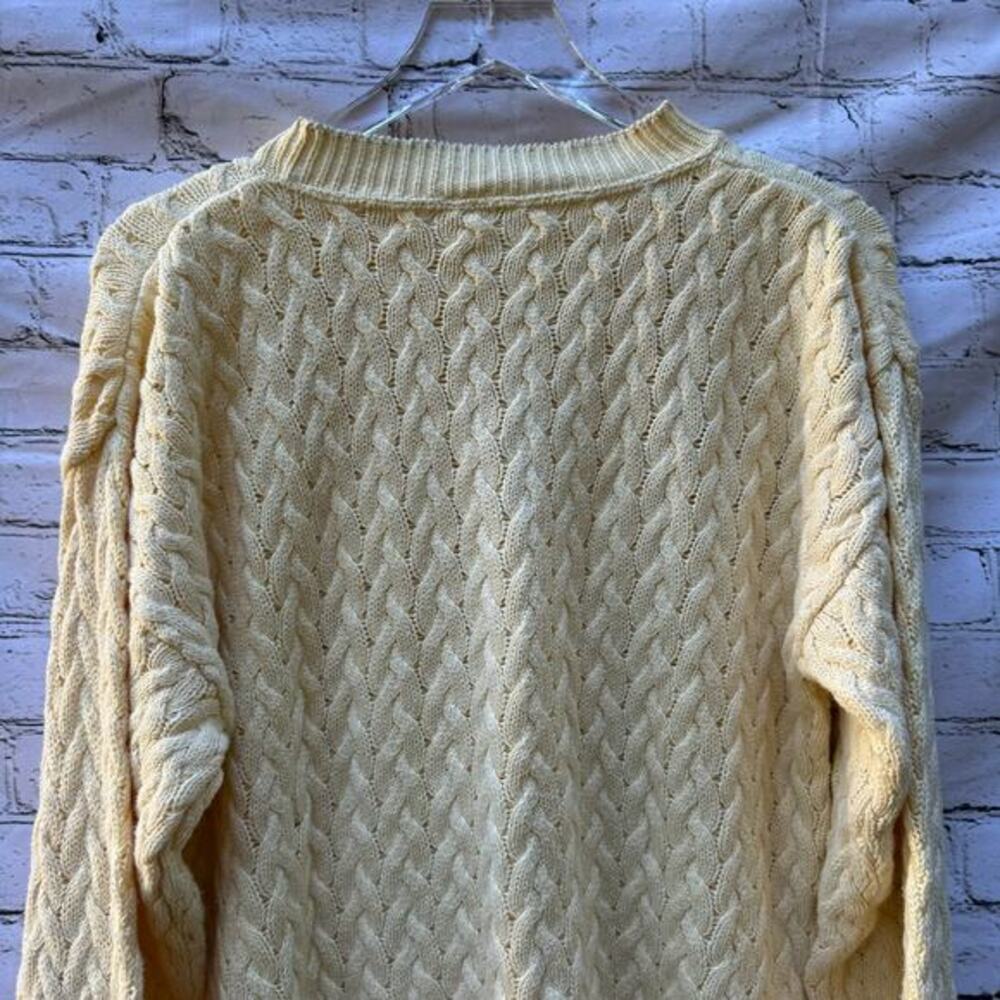 Talbots Vintage Sweater Cableknit Made USA Cream Chunky Fisherman Large Crew - Picture 6 of 7